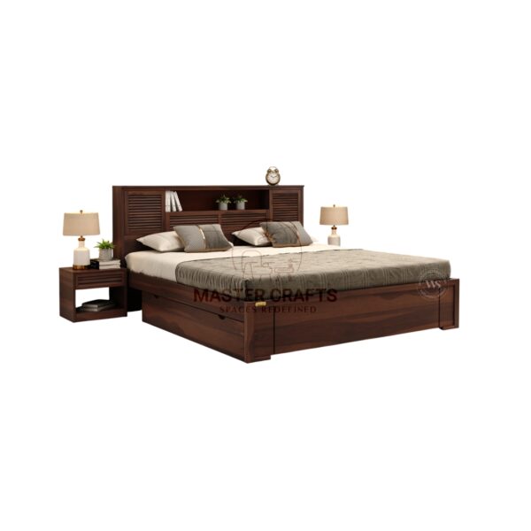 Dark Wood Storage Bed with Slatted Headboard and Display Shelves