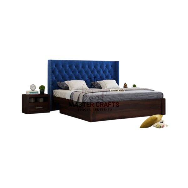  Deep Blue Velvet Tufted Bed with Dark Wood Base