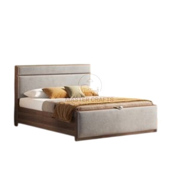 Contemporary Upholstered Bed with Two-Tone Fabric and Wood Accents