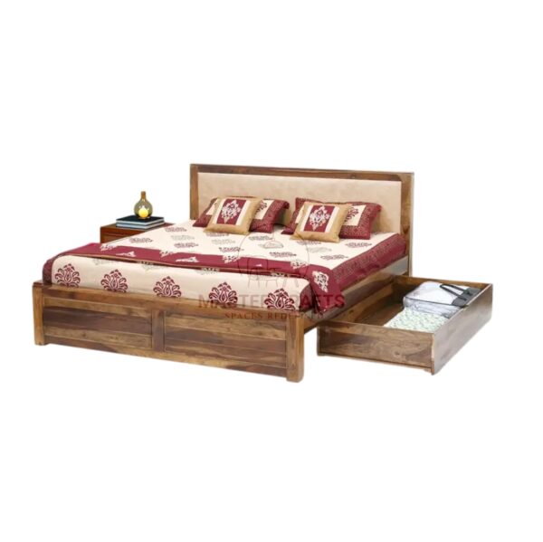  Sheesham Wood Bed with Upholstered Headboard and Pull-Out Storage