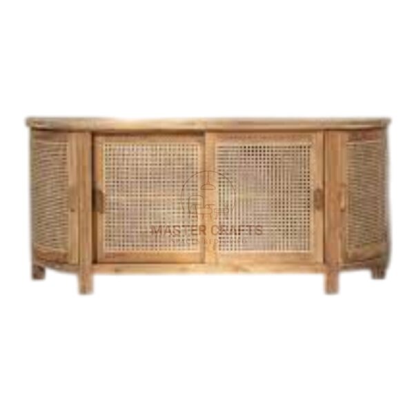 Wide Boho Rattan Cabinet with Curved Sides and Sliding Doors