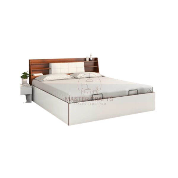 Two-Tone Modern Bed with Headboard Bookcase and White Platform Base