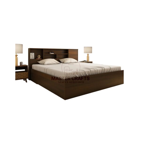 Dark Wood Platform Bed with Large Headboard Bookcase and Shelves