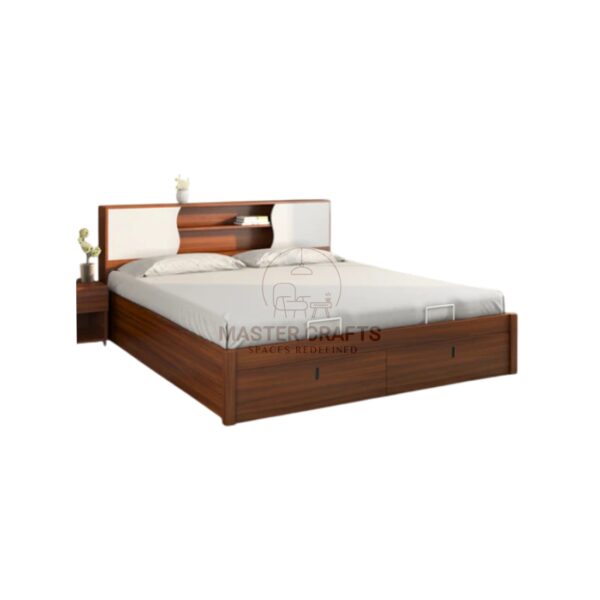 Contemporary Wooden Bed with Integrated Curved Storage Headboard