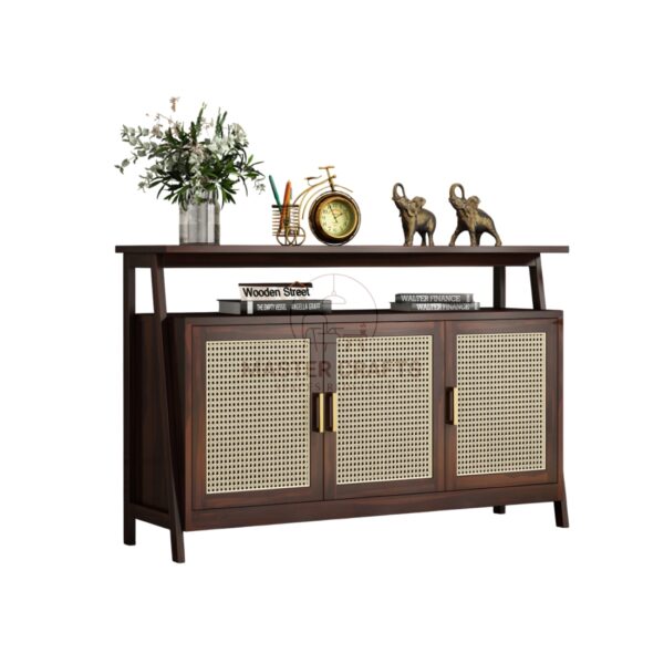 Elegant Dark Wood & Cane Buffet Server with Display Shelf