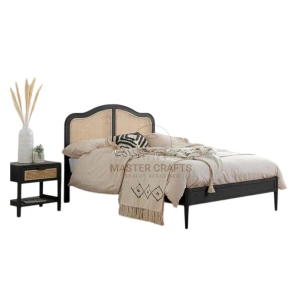  Bohemian Black Wood and Rattan Queen Bed with Curved Headboard