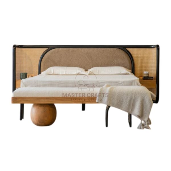  Wide-Set Rattan and Upholstered King Bed with Integrated Tables