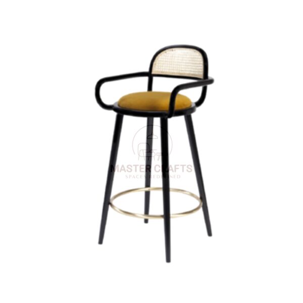  Black Arm Bar Stool with Cane Back and Gold Accent