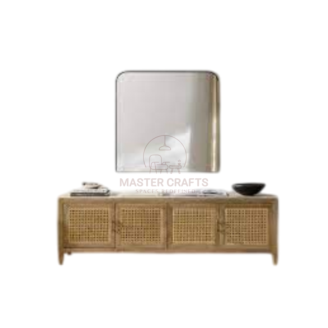 Boho Chic Natural Wood & Rattan Four-Door Sideboard